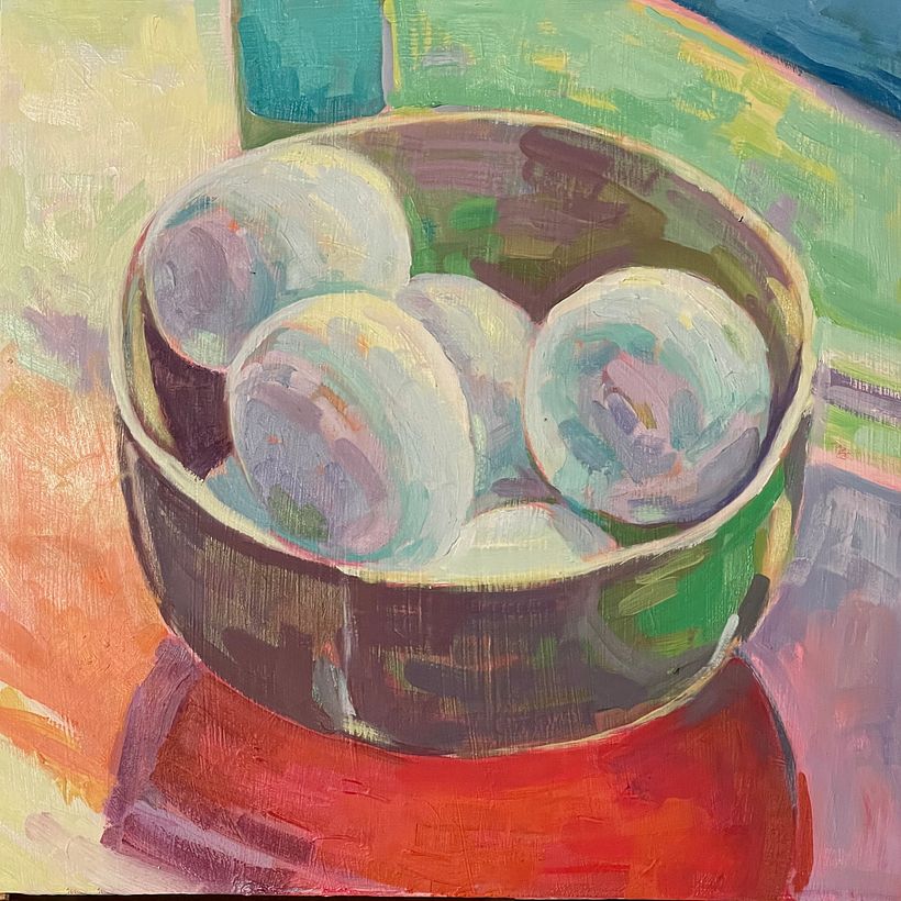 Egg Bowl. Oil with cold wax medium on panel. 2022