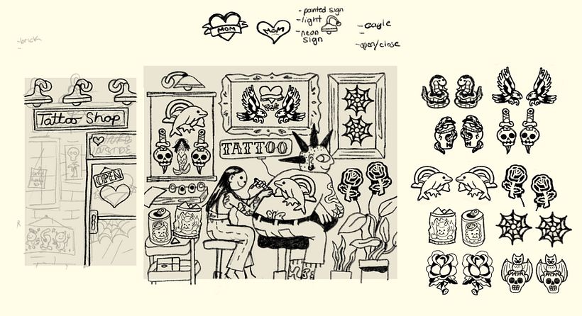 Earring sketches and tattoo shop scene
