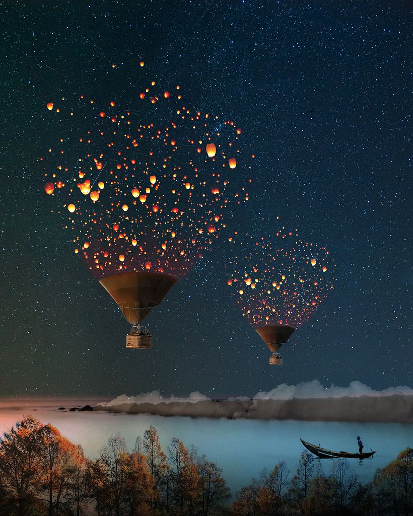 This is my version of Magic Sky Lamps Ballons from the photomontage class. I titled mine: Drifting into the Light