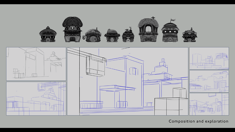 Primero creamos el layout por medio de bloques y trabajamos en thumbnails para conseguir edificios interesantes.
