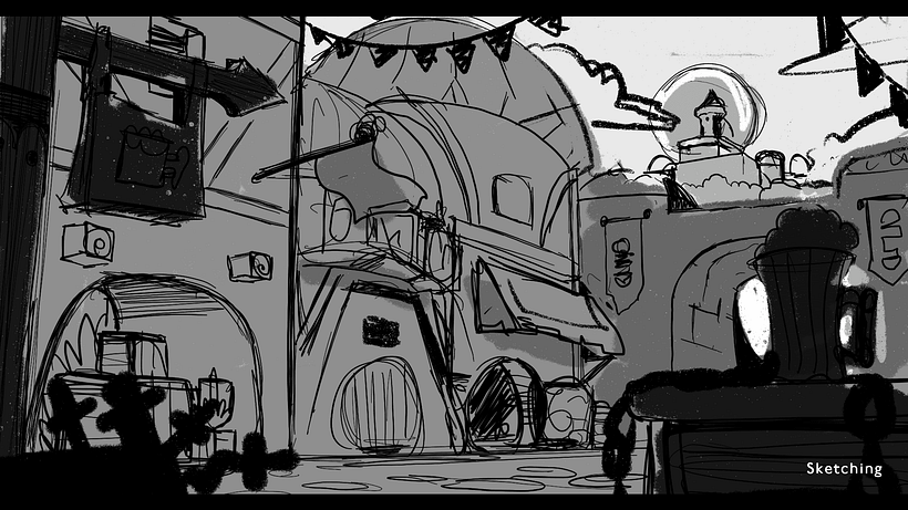 Ya que nos gusté un thumbnail, trabajamos en el sketch de nuestra pieza metiendo detalles que sean fácil de leer. 