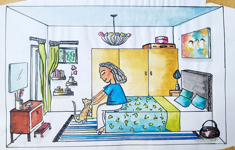 One point perspective. Myself in my room in temporary apartment after Beirut blast