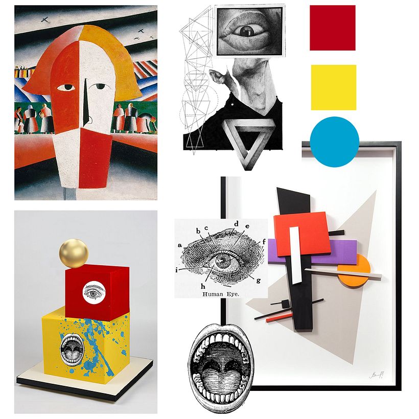 Mood board for a cake commission. Inspired by constructivism and Dada art movement