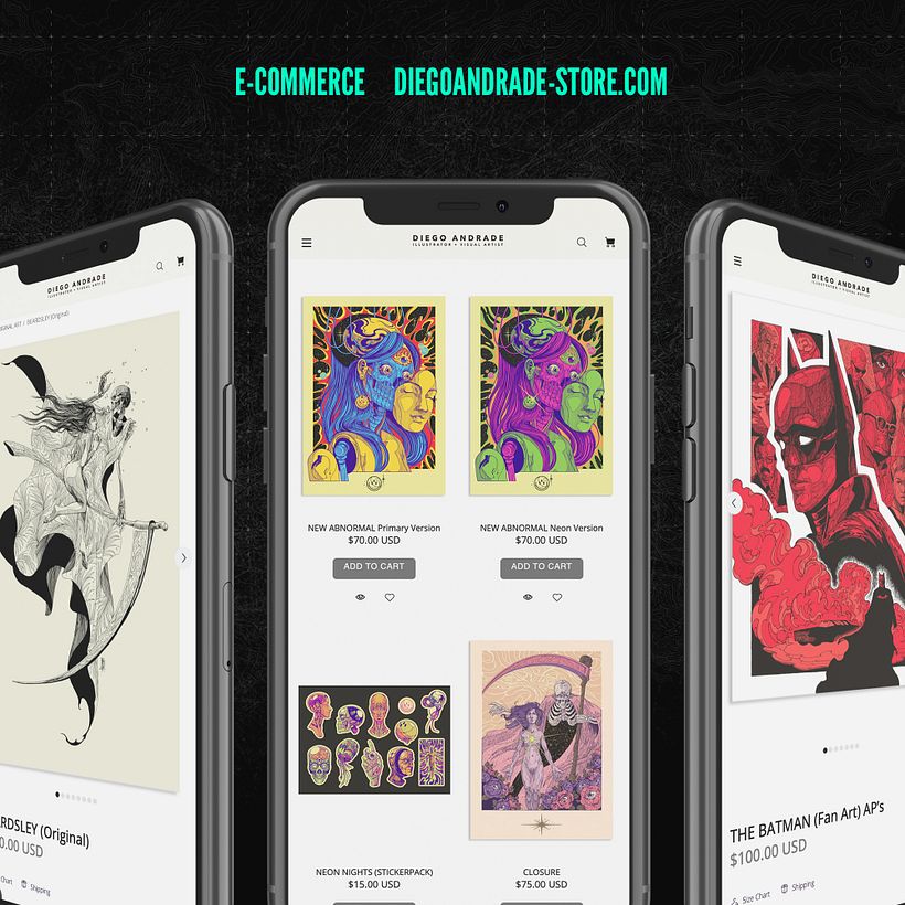 Online store development for illustrator and visual artist Diego Andrade in the year 2021.