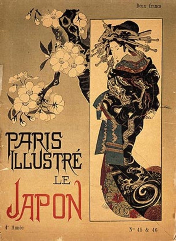 Umschlag der Paris Illustré "Le Japón", nach einem Druck von Keisai Eisen (1886)