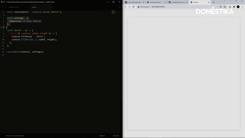 To set up your JavaScript document, import canvas sketch into your code using "require".