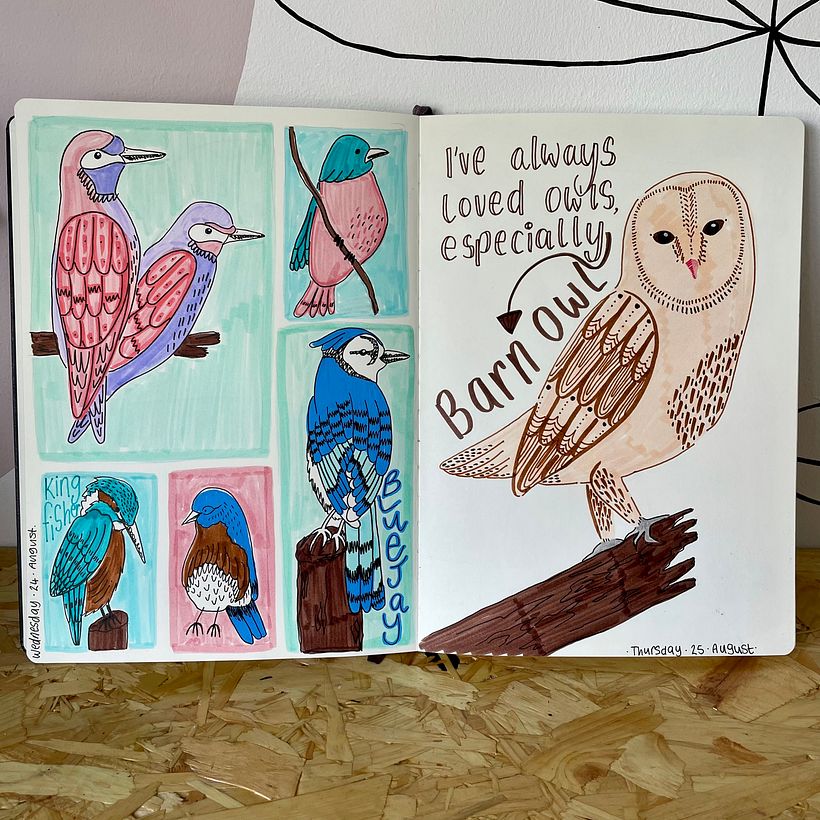 I’ve always wanted to practice drawing birds. The first spread I wasn’t pleased with so did another, and I’m in love with her