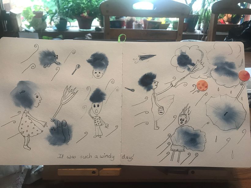 Bouncing ball blown about by the wind bounces into next page