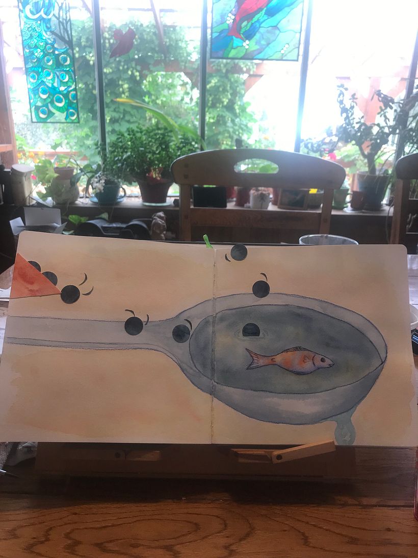 Triangle seen as container to pour circle or water drops into a spoon shaped pond.