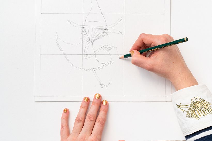 Tout d’abord, j’ai copié mon croquis en utilisant les carreaux, en essayant de garder les lignes douces.