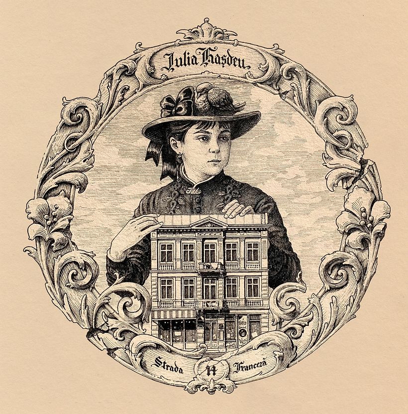 'Iulia Hasdeu', from the series 'People and Houses' (2022), ink drawing.