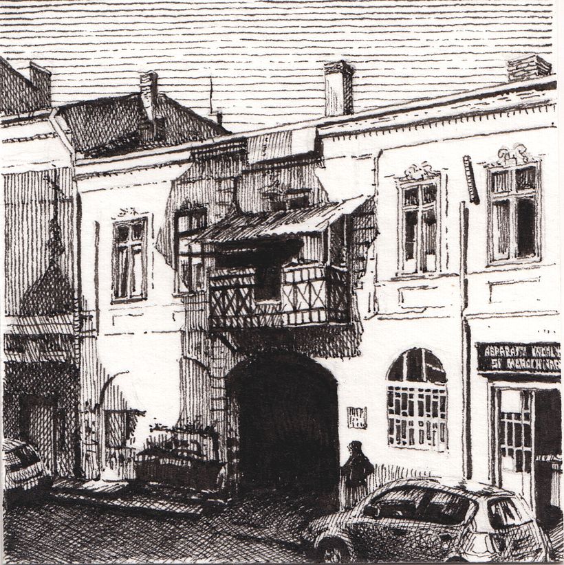 'Strada Sfintilor', from the series ' Fragment' (2022), miniature ink drawing