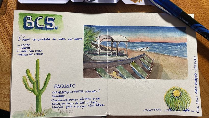 Ejemplo de cuaderno de viaje en acuarela de La Paz hecho por Alma Gallegos.
