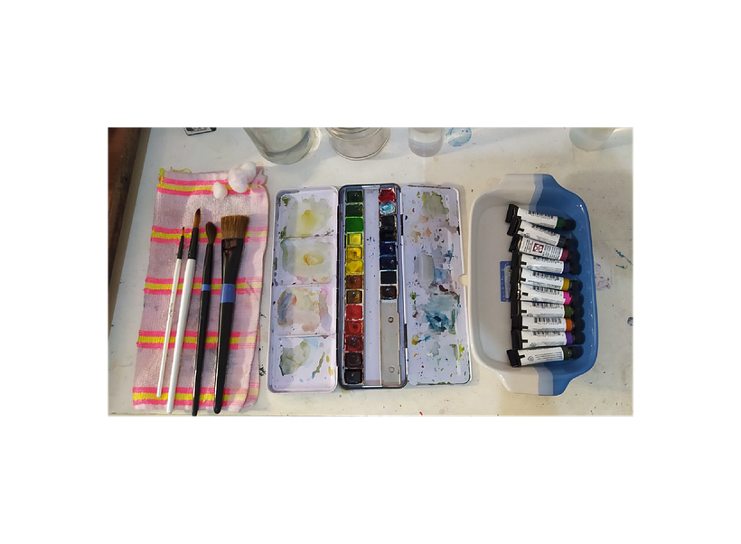 Materiales para el curso: Pañuelos, diferentes tipos de pincel, set de acuarelas Windsor y Daniel Smith.