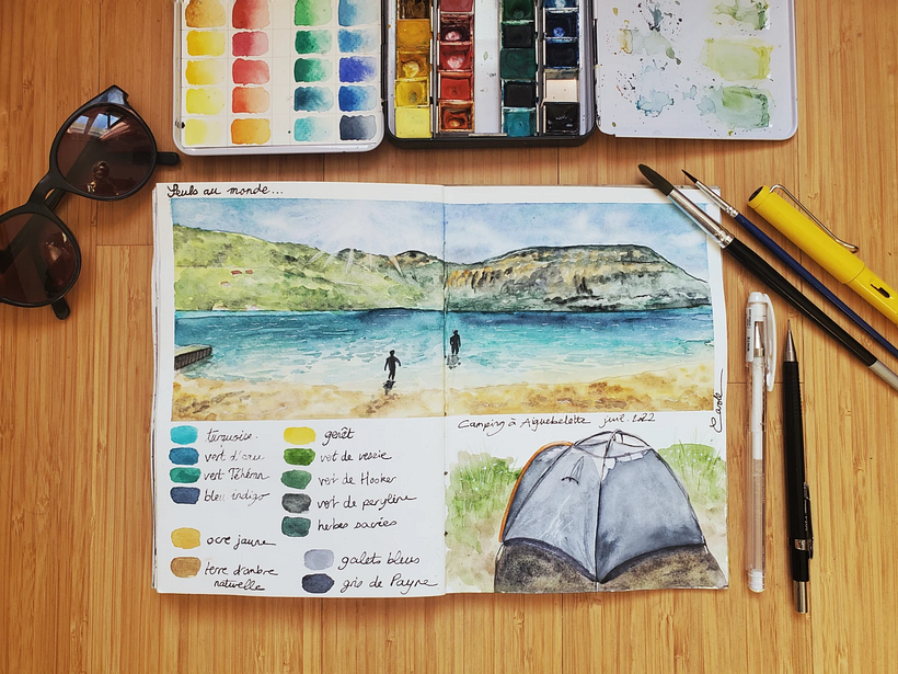 Ejemplo de cuaderno de viaje en acuarela en el lago Aiguebelette hecho por Alice Caroll.