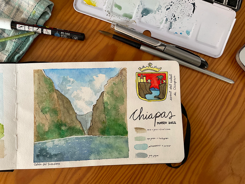 Ejemplo de cuaderno de viaje en acuarela del Cañón del Sumidero en Chiapas hecho por Andrea Miquel Dominguez.