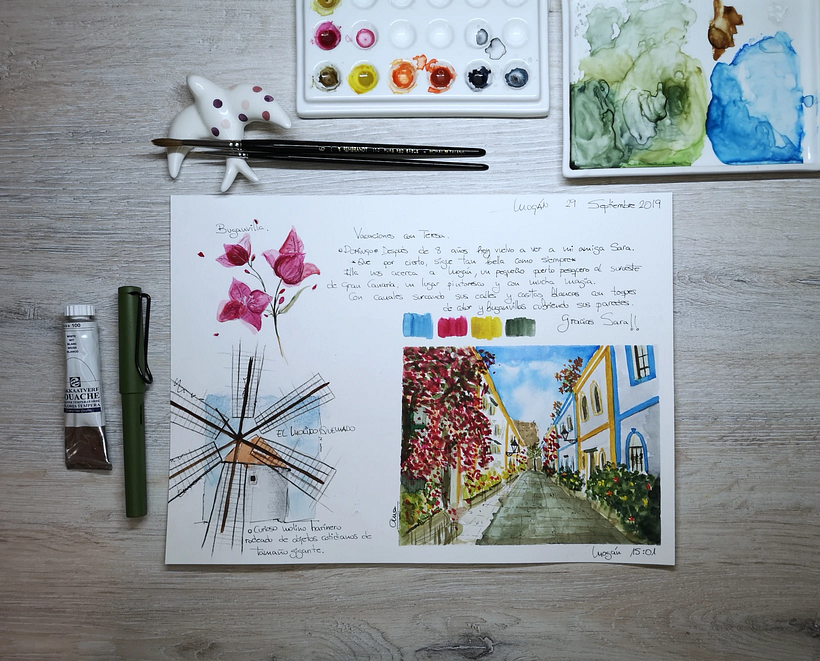 Ejemplo de cuaderno de viaje en acuarela hecho por Ana Brenes inspirado en su experiencia en Mogán.