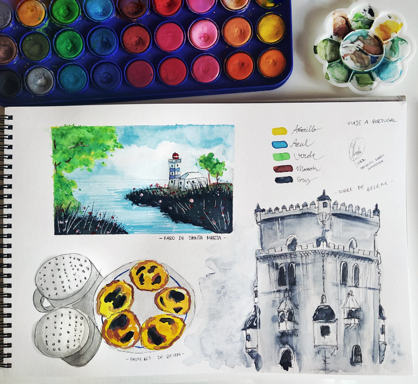 Ejemplo de cuaderno de viaje en acuarela hecho por Marta Quintana y basado en las fotografías de sus vacaciones en Portugal.