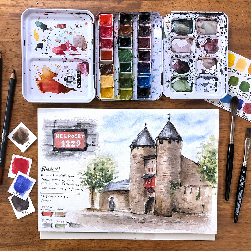 Ejemplo cuaderno de viaje en acuarela que representa la puerta más antigua de Maastricht, hecho por Magdalena.