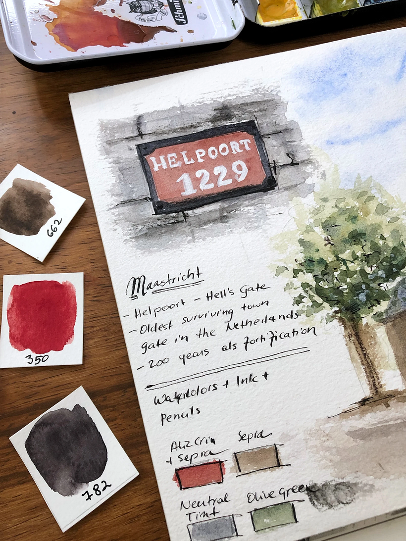 Detalle de la página del cuaderno de viaje en acuarela de Magdalena donde añade información y la paleta de colores.