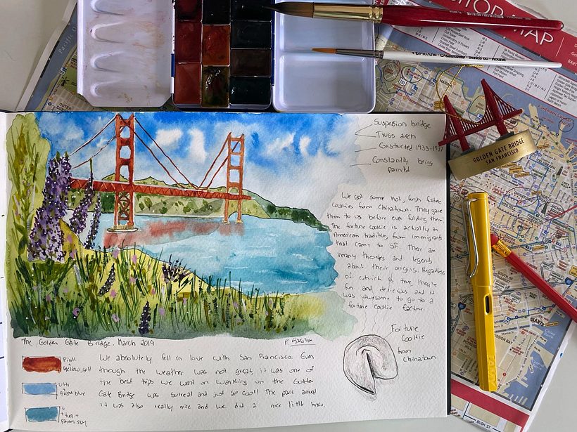 Ejemplo de cuaderno de viaje en acuarela por Priscilla Basilio con una imagen de San Francisco.