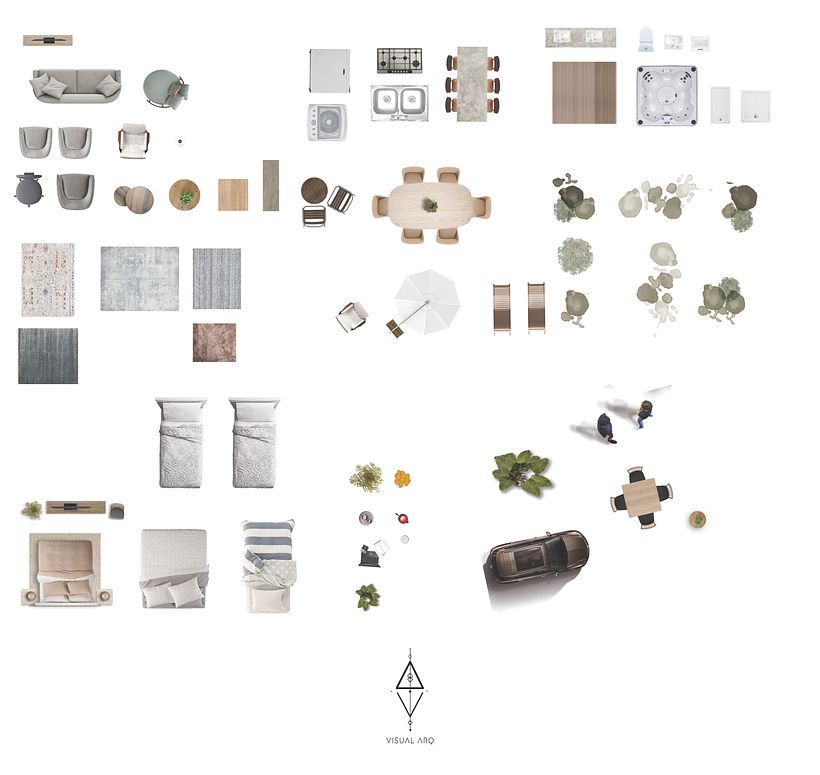 Descarga gratis todos estos elementos para poder crear un proyecto de planta de arquitectura en Photoshop.