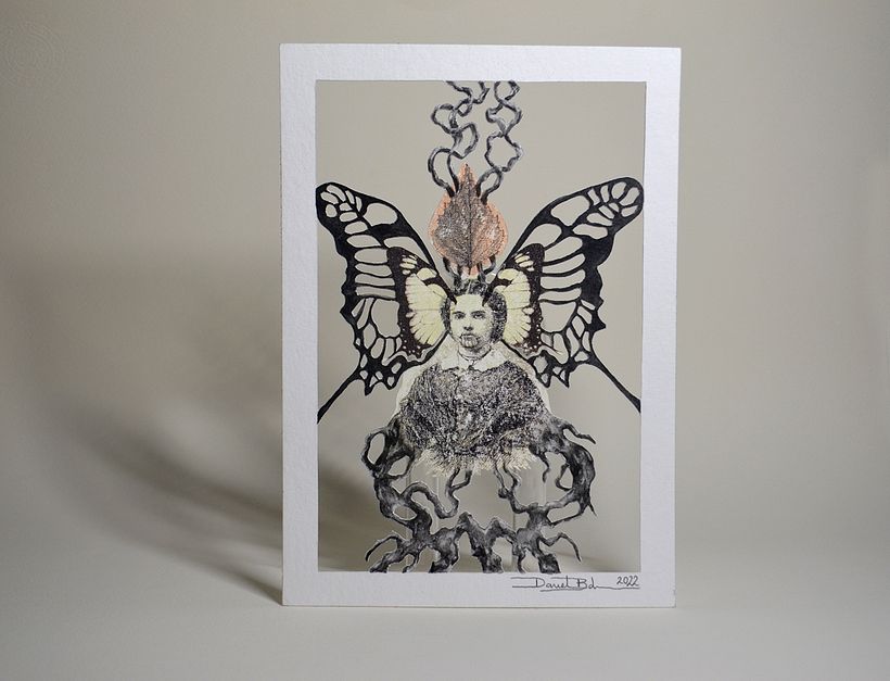 Collage analógico, técnica mixta sobre papel de algodón. Titulada: Mujer imago 2