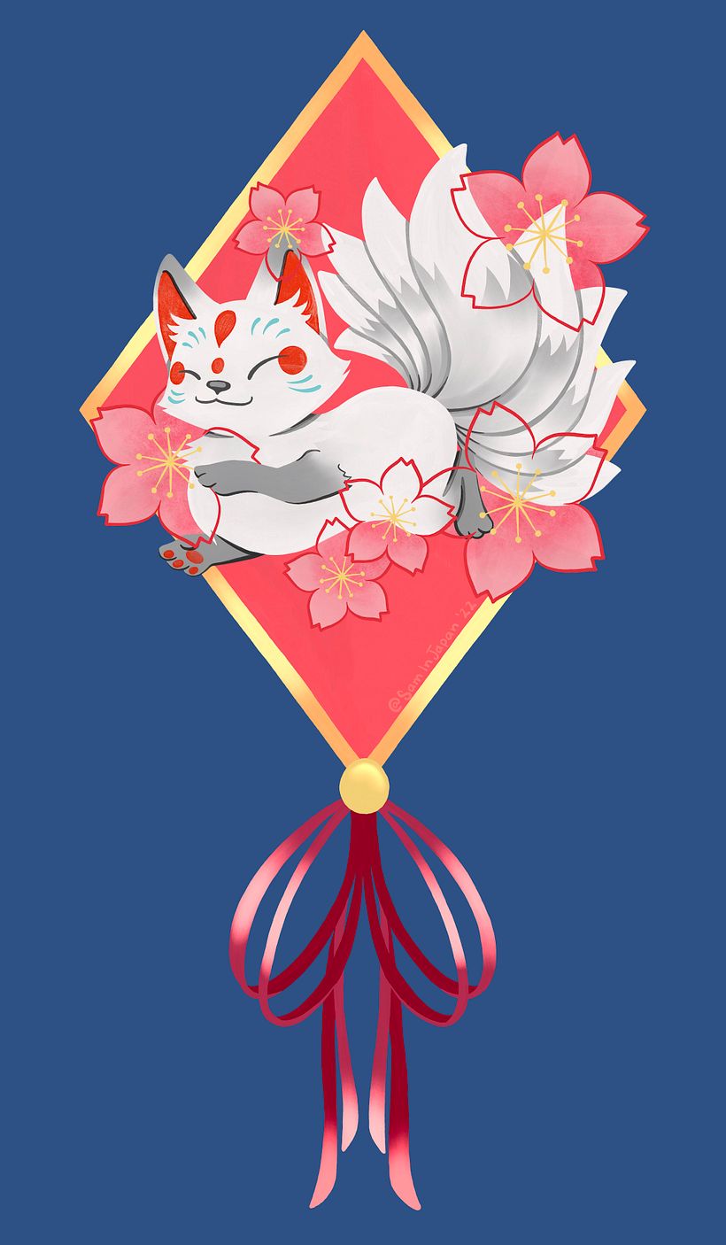 Gouache style spring kitsune with cherry blossoms