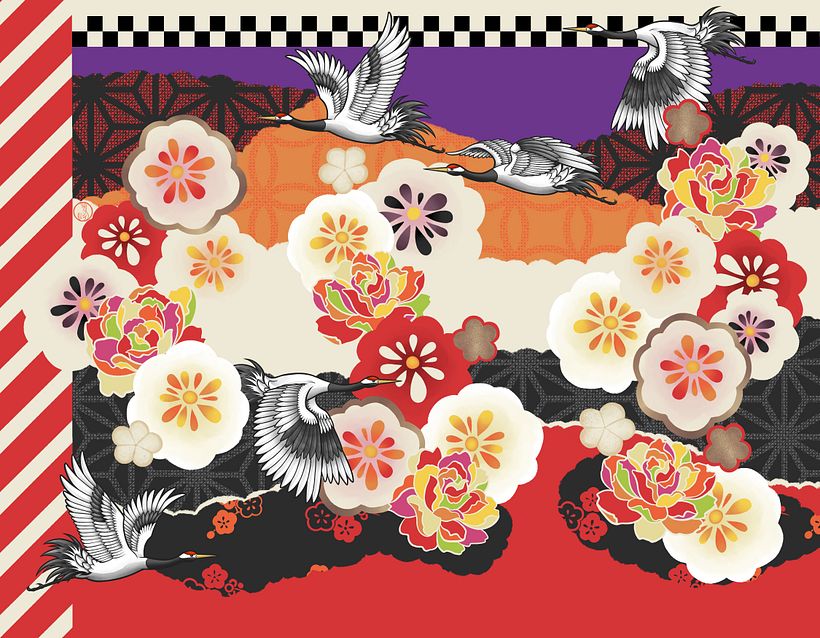 Flying cranes kimono design