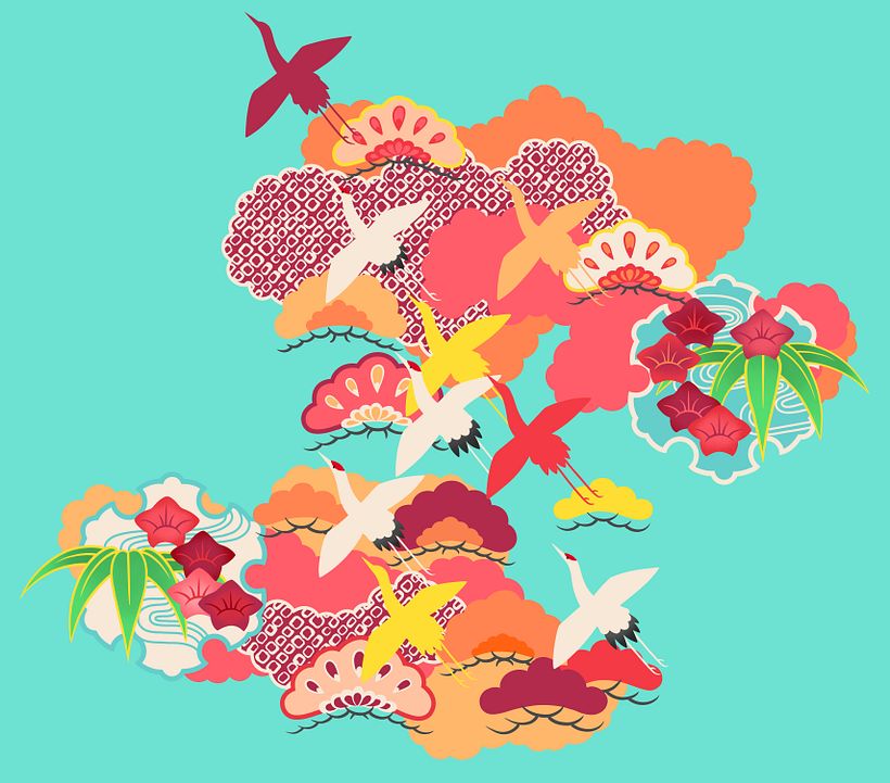 Summer cranes kimono design