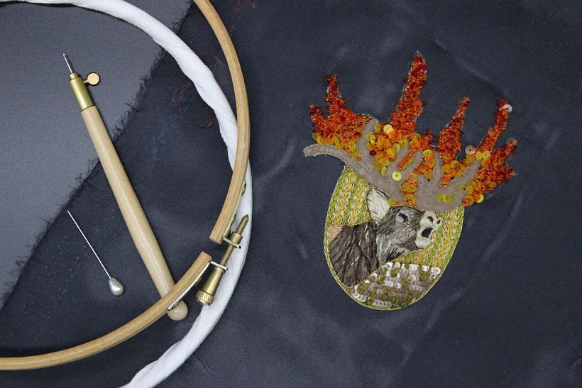 Ricamo tridimensionale che ho dedicato al problema degli incendi nelle foreste 3