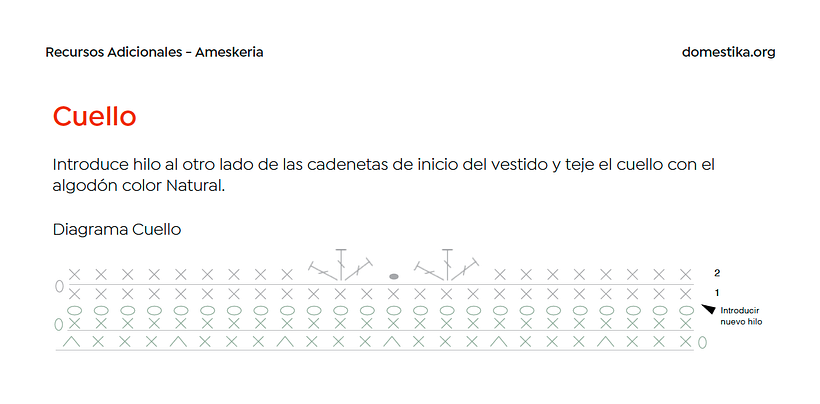 Así luce parte de una página del PDF donde Ameskeria te enseña, paso a paso, a tejer un vestido para amigurumi.