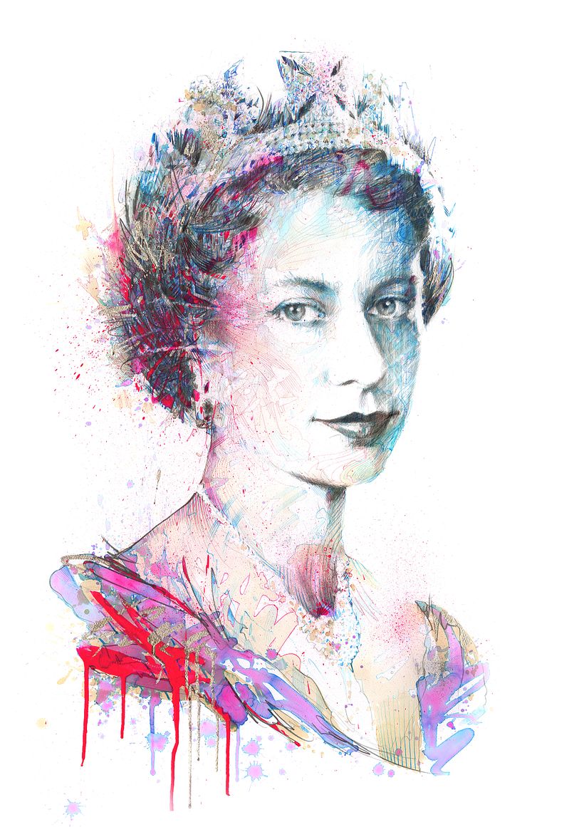 The Platinum Queen - Ink and tea with fluorescent acrylic, real platinum leaf and Swarovski Crystals on Bockingford CP (not)