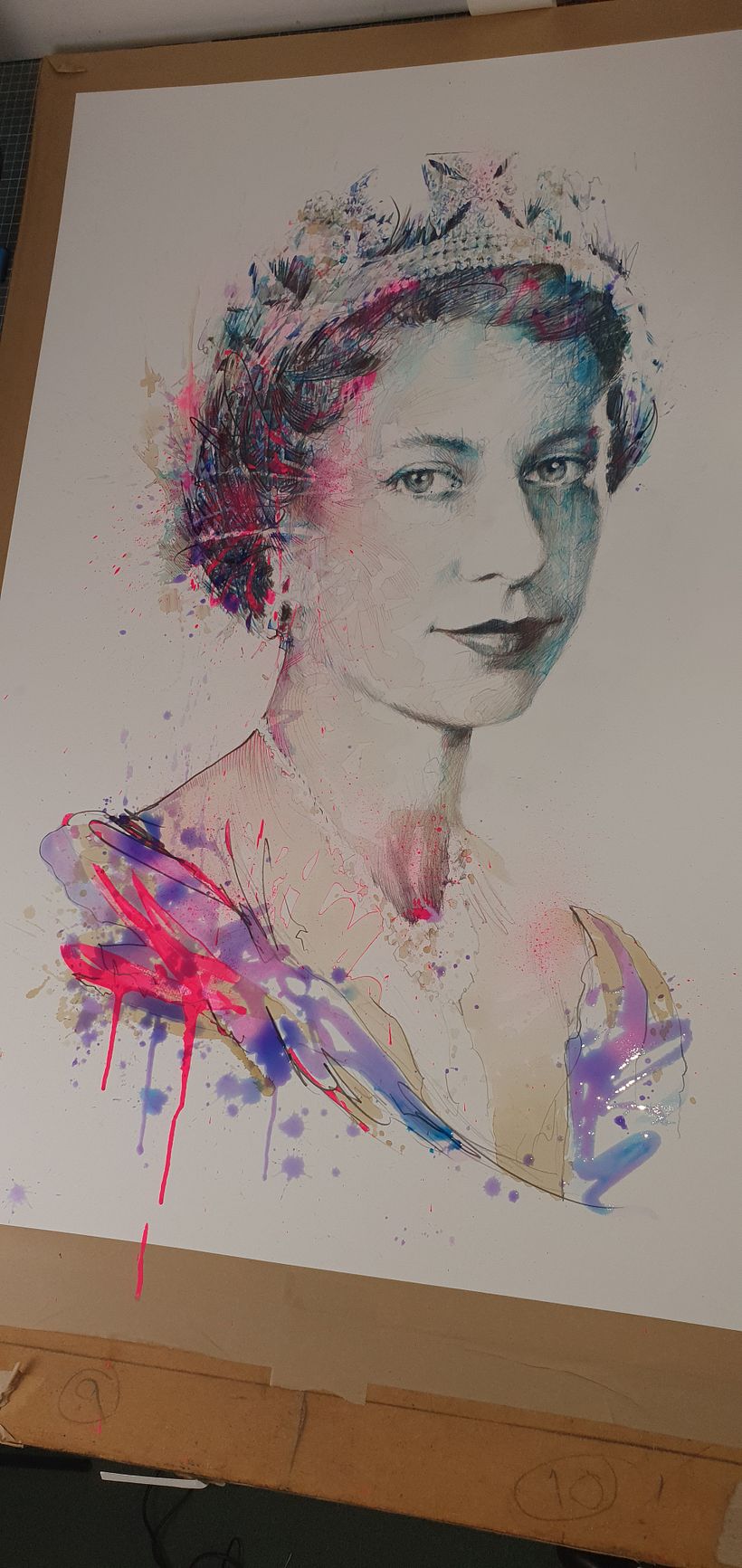 watered down acrylic paint dripped into blue watered down ink brush strokes