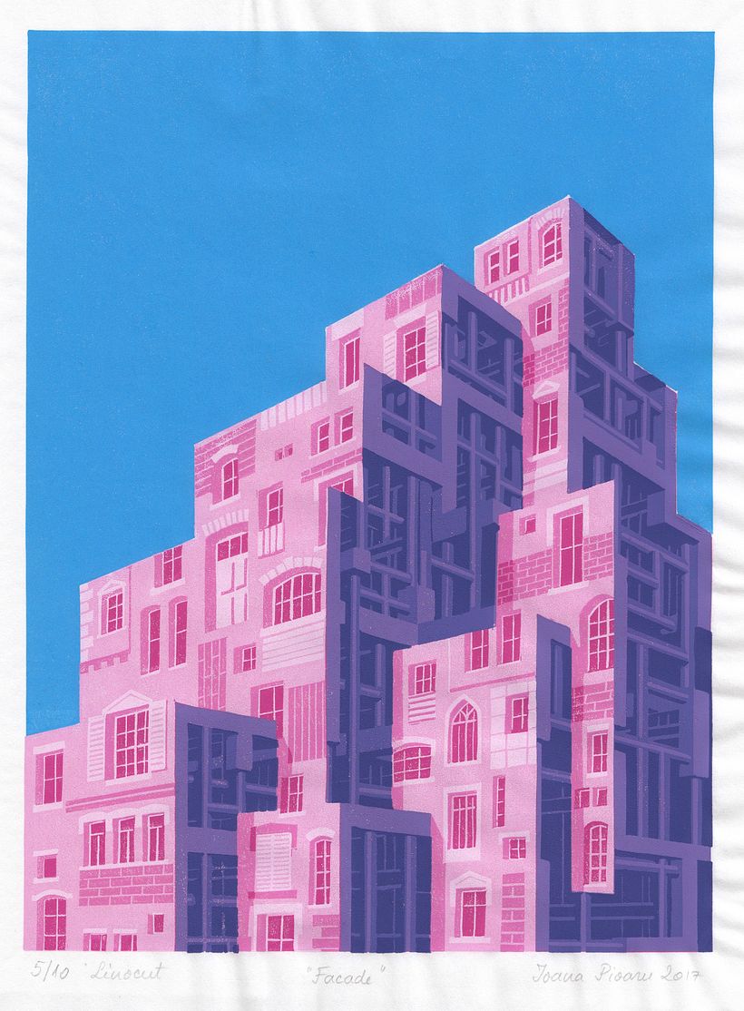Facade (2017) two-block reduction linocut