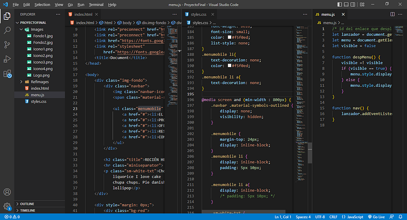 Aqui vemos la forma en la que guardé los archivos y como está el uso de los Media Query adicionalmente del JS del menú