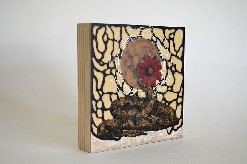 Collage encáustico, técnica mixta sobre bastidor de madera.