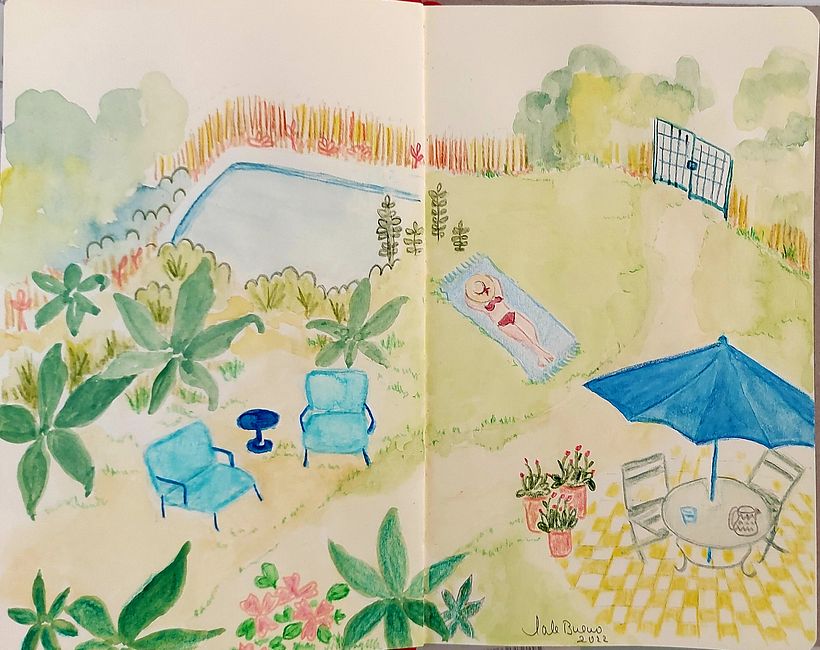 Jardín con imagen y flores