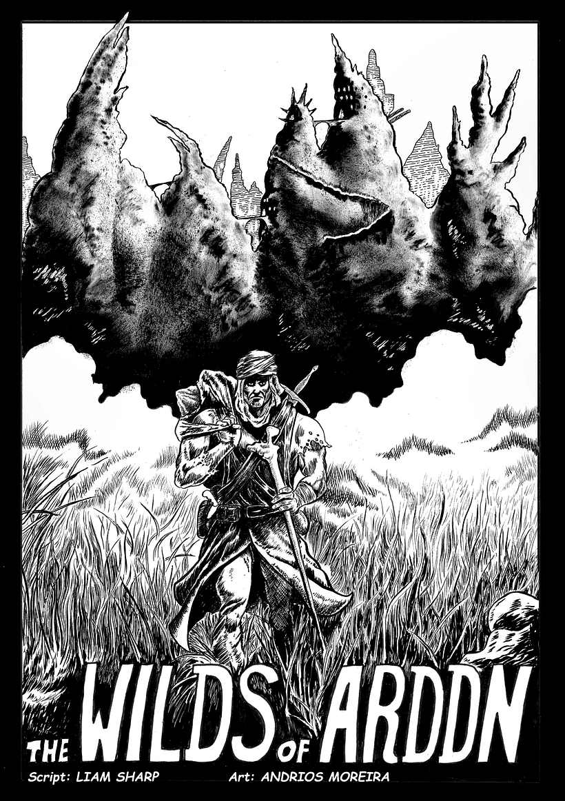 I started by making the entire art and finishing it with ink. I used the sponge to make the textures in the mountains...