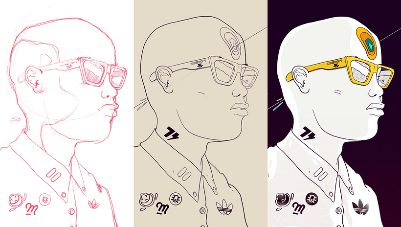 Digital drawing process in Procreate from sketch to the final result. Illustration by Microbians.