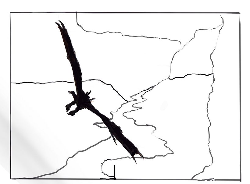 My sketch of a dragon flying through a canyon