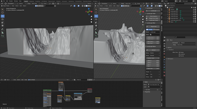 creating the canyons and setting up the camera angle in Blender