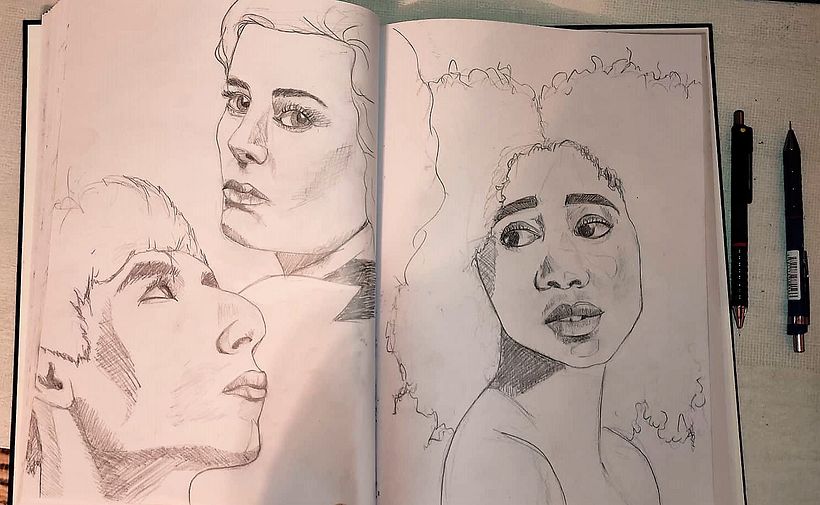 Three portraits, profile, three-quarters and front