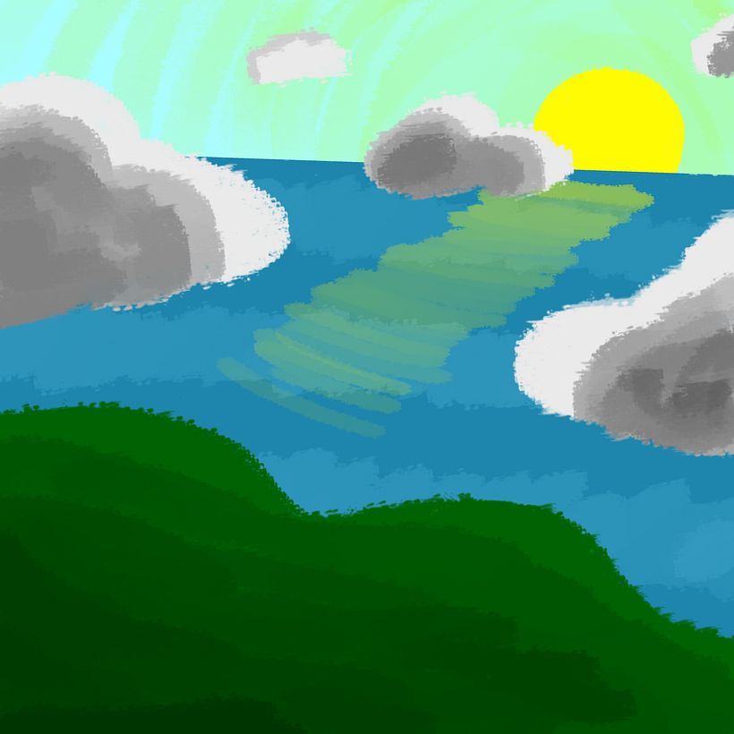 eu tentei fazer uma paisagem, como uma vista de uma montanha para o mar, mas n deu muito certo... mas ficou bonito.