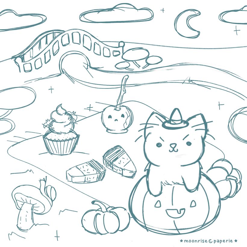 My sketch took some time and I had to adjust a few things from my moodboard. The new kitty image became the focal point.
