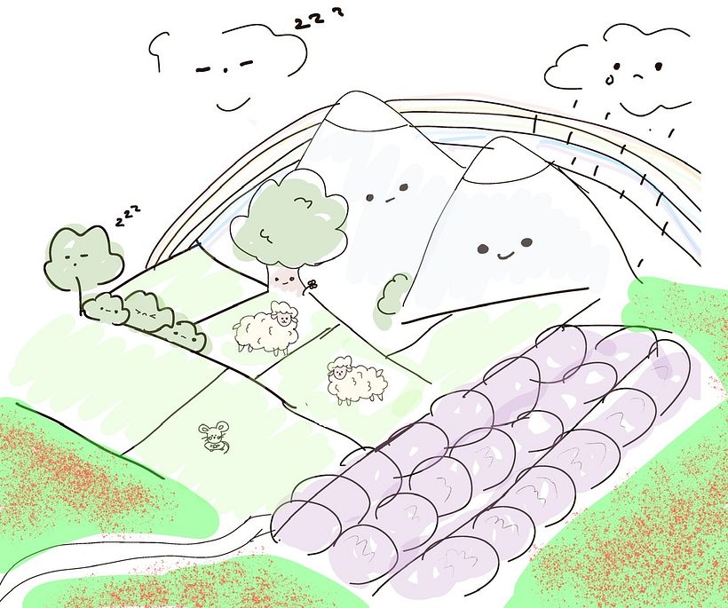 First sketch of the English fields, which I planned to paint