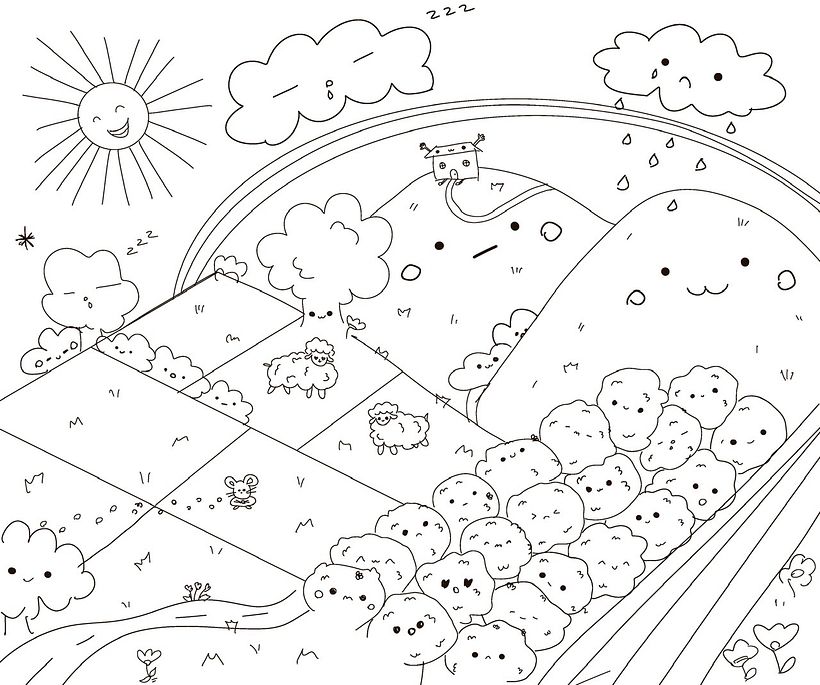Clean sketch of the fields, here are lavender bushes, sheep, mouse and our house in the middle :)