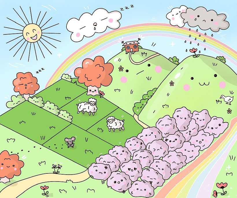 Final work, had to add duck as well, red autumn trees, poppies in the grass and sun and rain together. Typical ;)