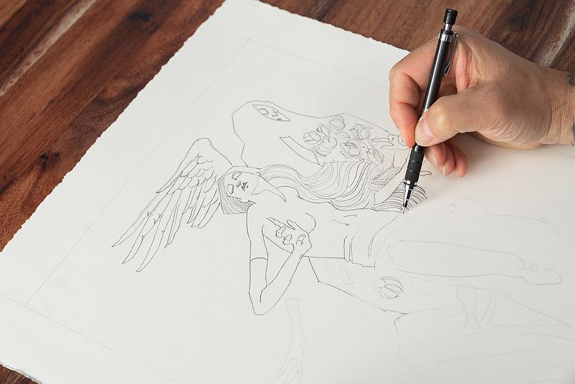 Working over the transferred outline, a .5 mechanical pencil allows me to be quite detailed