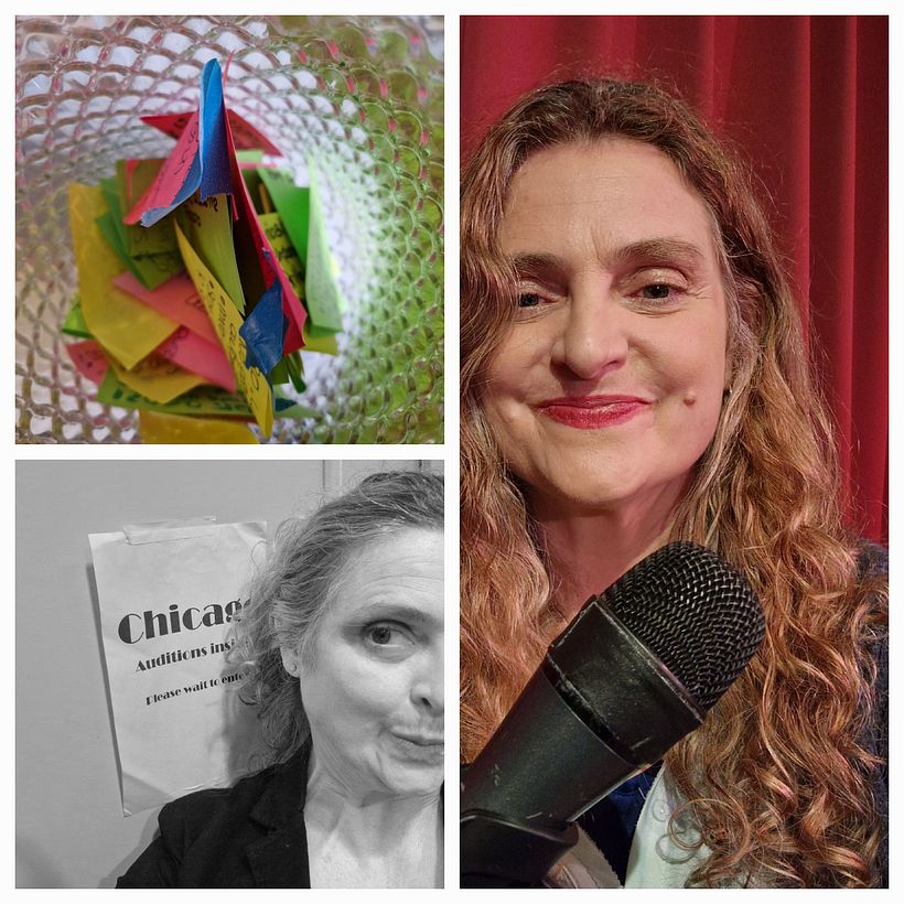 I put all the post-its from all the days in a vase. Two pictures: me before my stand up set, after my Chicago Audition!